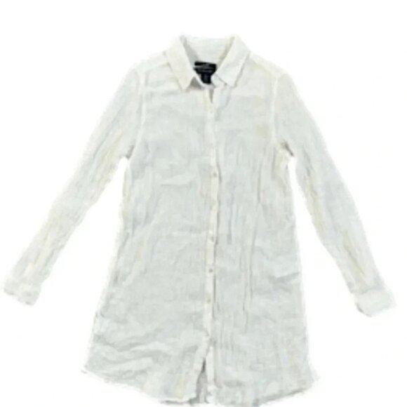 TAHARI Size S 100% Linen TunicShirt Button Front Roll Tab Sleeve Side Slit White - Picture 1 of 7